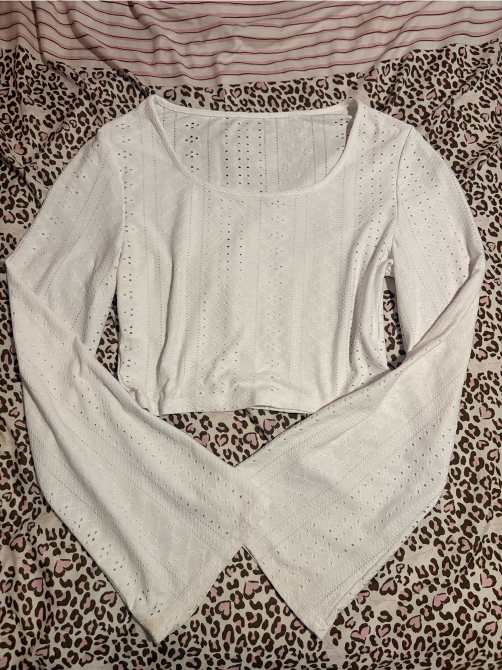 White Women's Eyelet Knit Long Sleeve Top